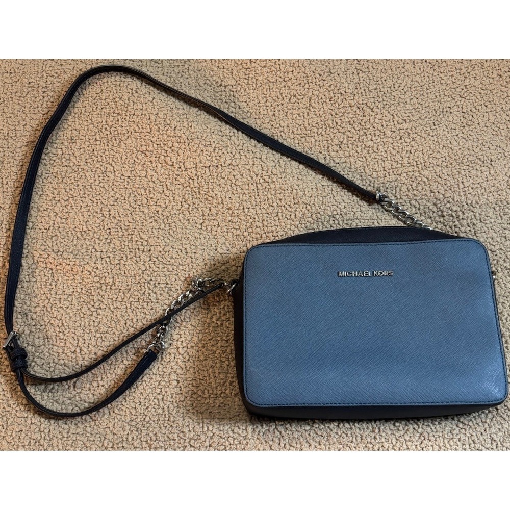 Michael Kors Jet Set Crossbody Purse Bag East West Saffiano Leather Blue